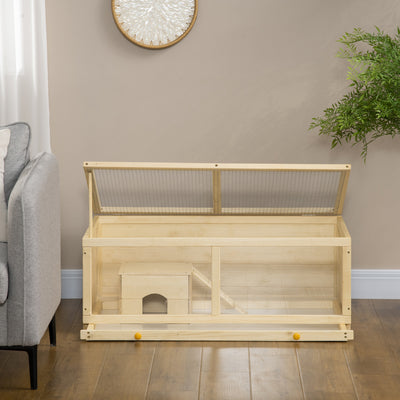 PawHut Wooden Hamster Cage with Sliding Tray, Openable Top, Hut for Syrian Hamsters, Natural Wood 