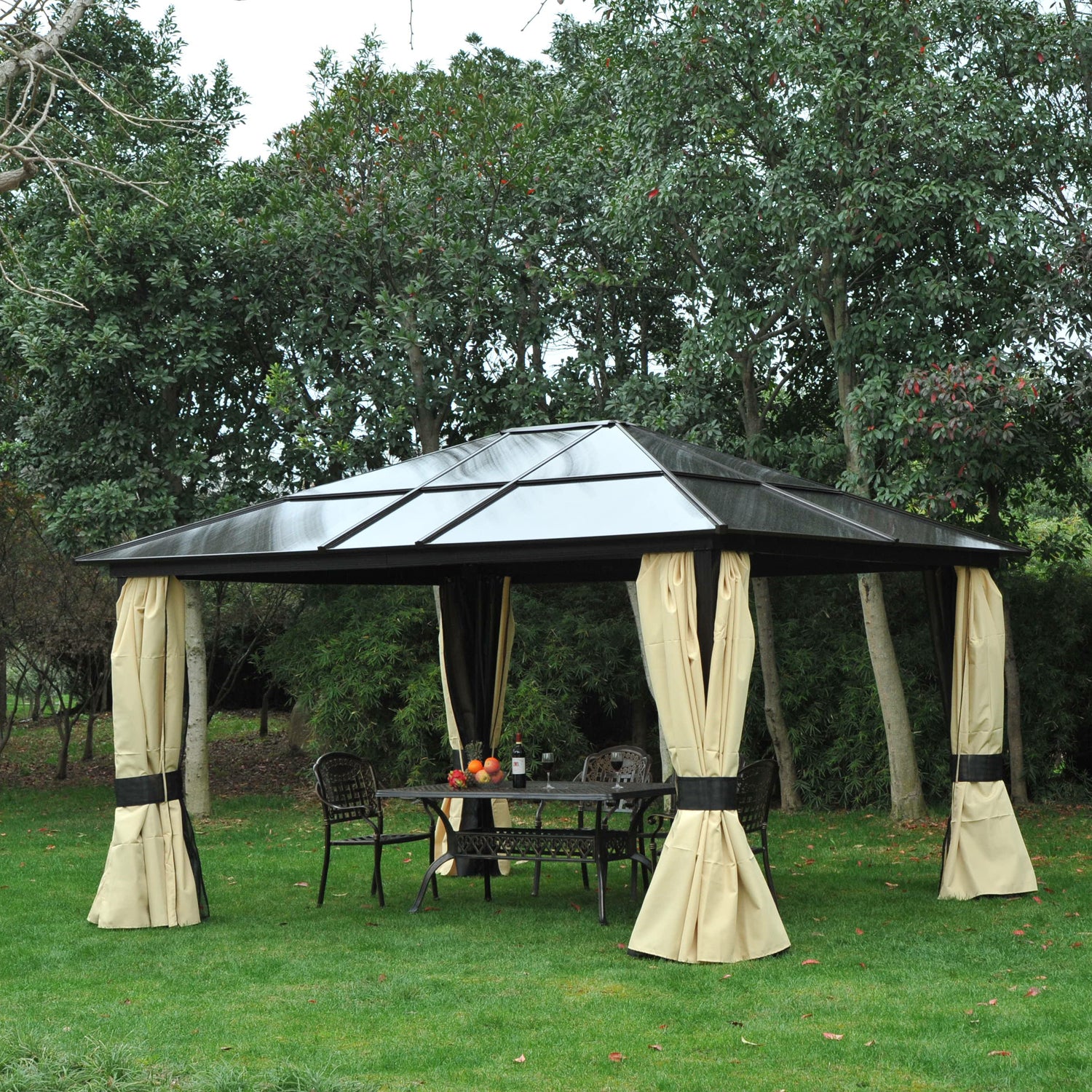 Outsunny 3.6 x 4m Hardtop Gazebo Canopy with Polycarbonate Roof and Aluminium Frame, Garden Pavilion with Mosquito Netting and Curtains 
