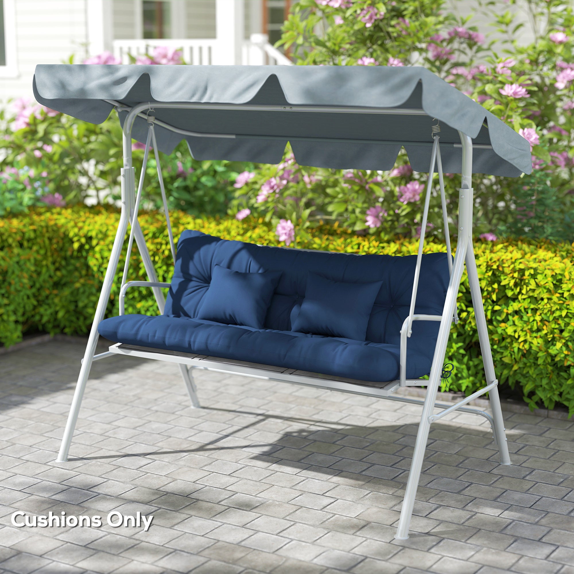 Outsunny Outdoor Seat Cushions Back Cushion with 2 Pillows, Water Repellent Seat Pads for 3-Seater Chair, Dark Blue 