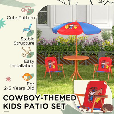 Outsunny Kids Picnic Table and Chair Set, Cowboy Themed Outdoor Garden Furniture w/ Foldable Chairs, Adjustable Parasol 