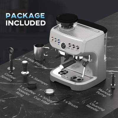 HOMCOM 15 Bar Coffee Machine, with Adjustable Grind, Steamer and Accessories - Silver Colour 