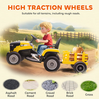 AIYAPLAY 12V Ride on Tractor and Trailer with Remote Control, Music, Shifter, Start-Up Sound, for Kids Ages 3-8 Years, Yellow 