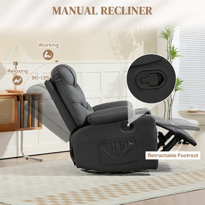 HOMCOM Manual Reclining Chair, Recliner Armchair with Swivel, Faux Leather, Footrest, Cup Holders, 86x93x102cm, Black 