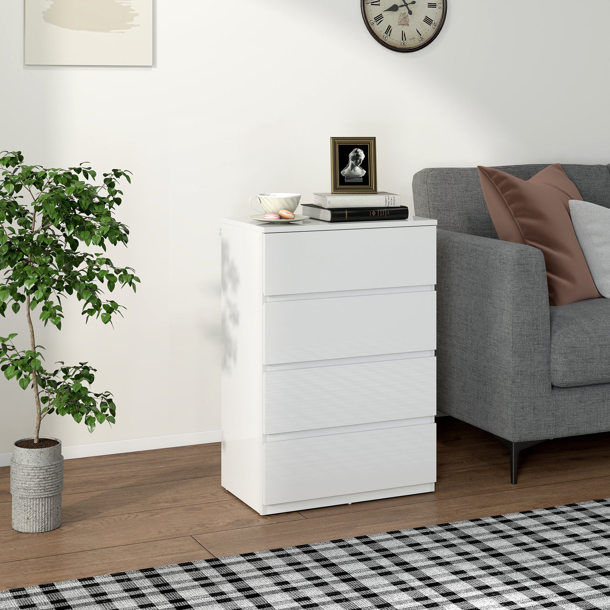 HOMCOM High Gloss Chest of Drawers, 4-Drawer Storage Cabinets, Modern Dresser for Bedroom, White 