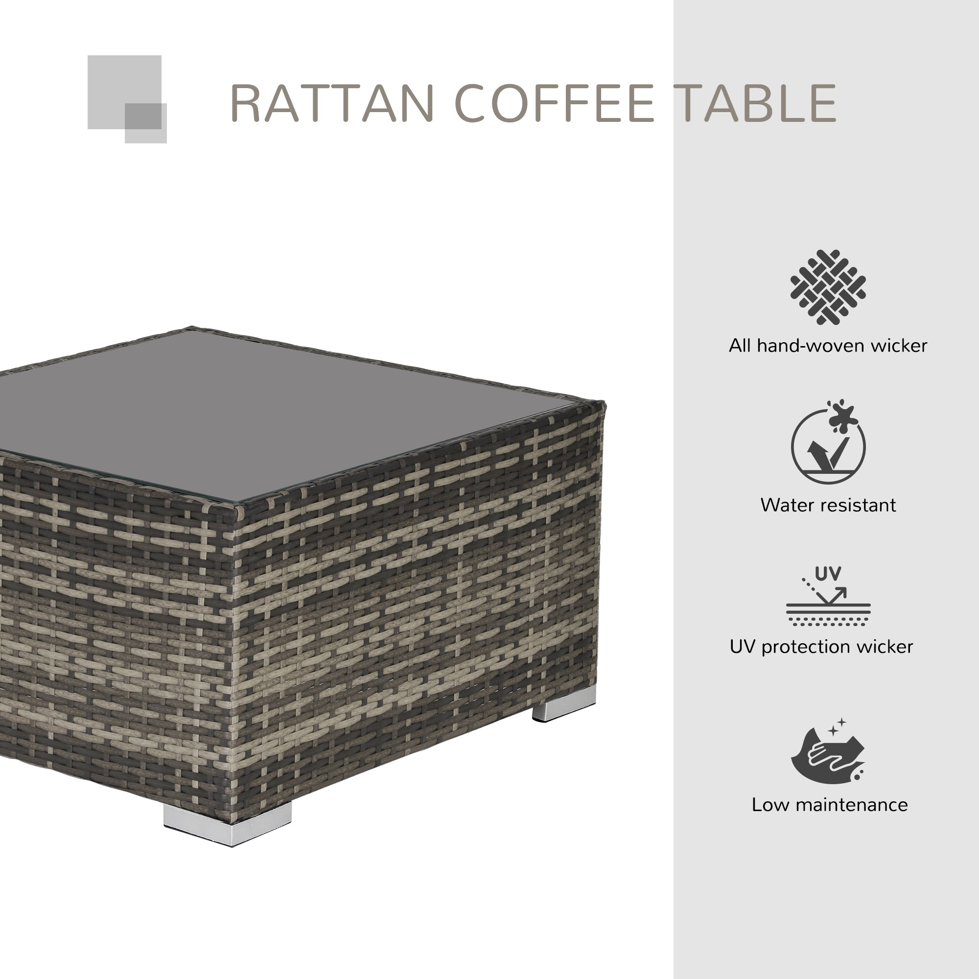 Outsunny Square PE Wicker Rattan Table with Glass Top - Dark Grey 