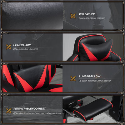 Vinsetto Computer Gaming Chair, Racing Desk Chair with Lumbar Support and Footrest, PU Leather Gamer Chair with Headrest and Swivel Wheels for Home, Red 