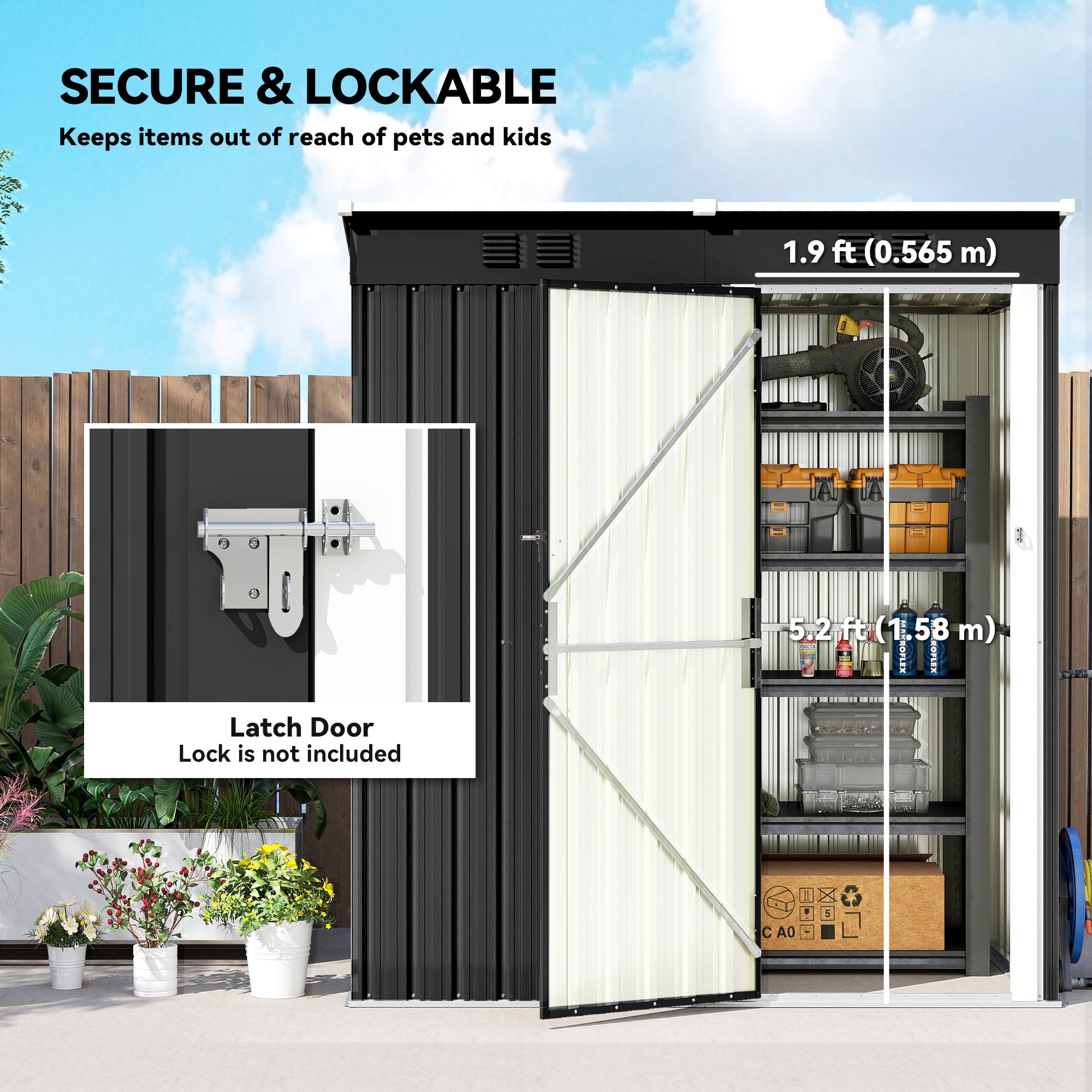 Outsunny 5 x 3 ft Lean-to Garden Shed, Outdoor Storage Shed with Lockable Door and Vents, Dark Grey 