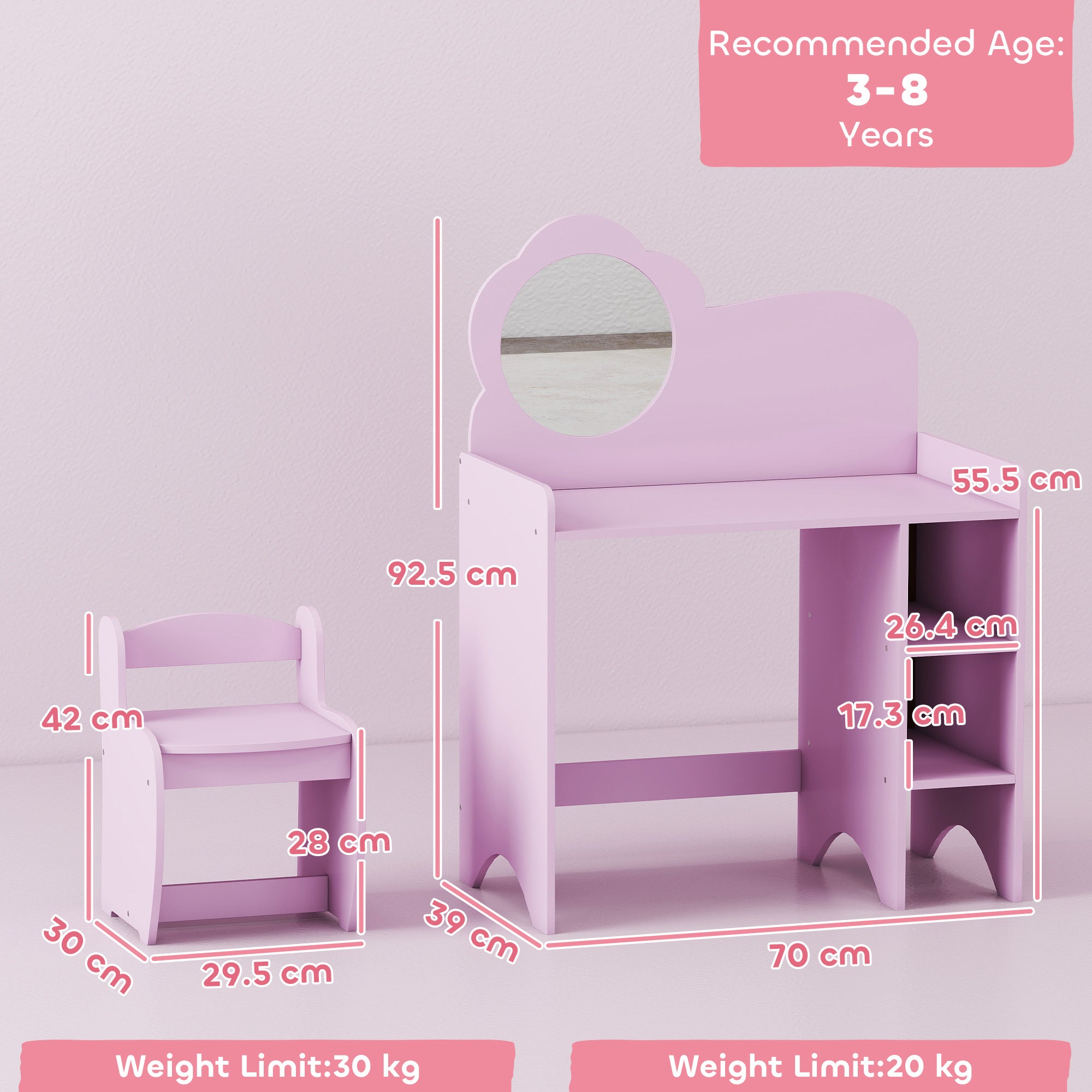 AIYAPLAY Kids Dressing Table with Mirror, Stool, Kids Vanity Table with Shelves, for Ages 3-8 Years, Purple 
