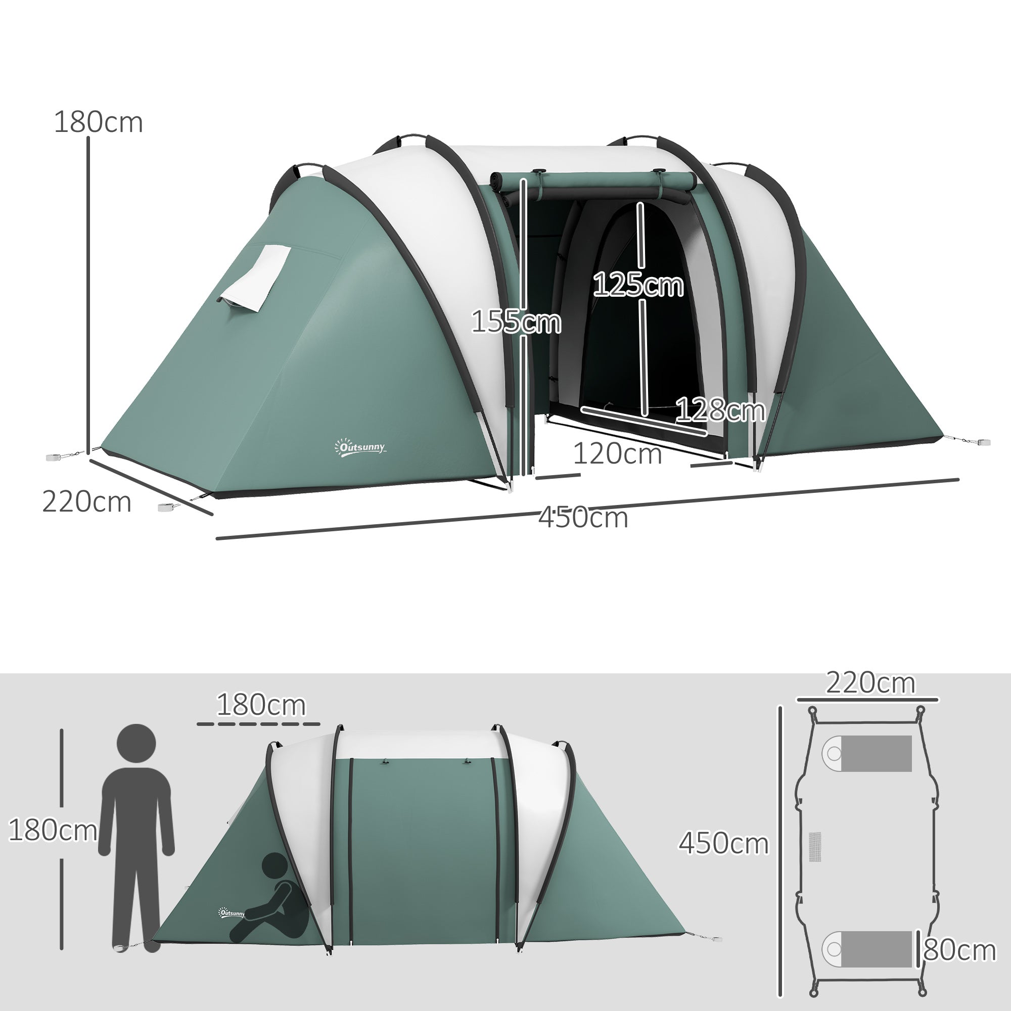 Outsunny Camping Tent with 2 Bedrooms and Living Area, 3000mm Waterproof Family Tent, for Fishing Hiking Festival, Dark Green 