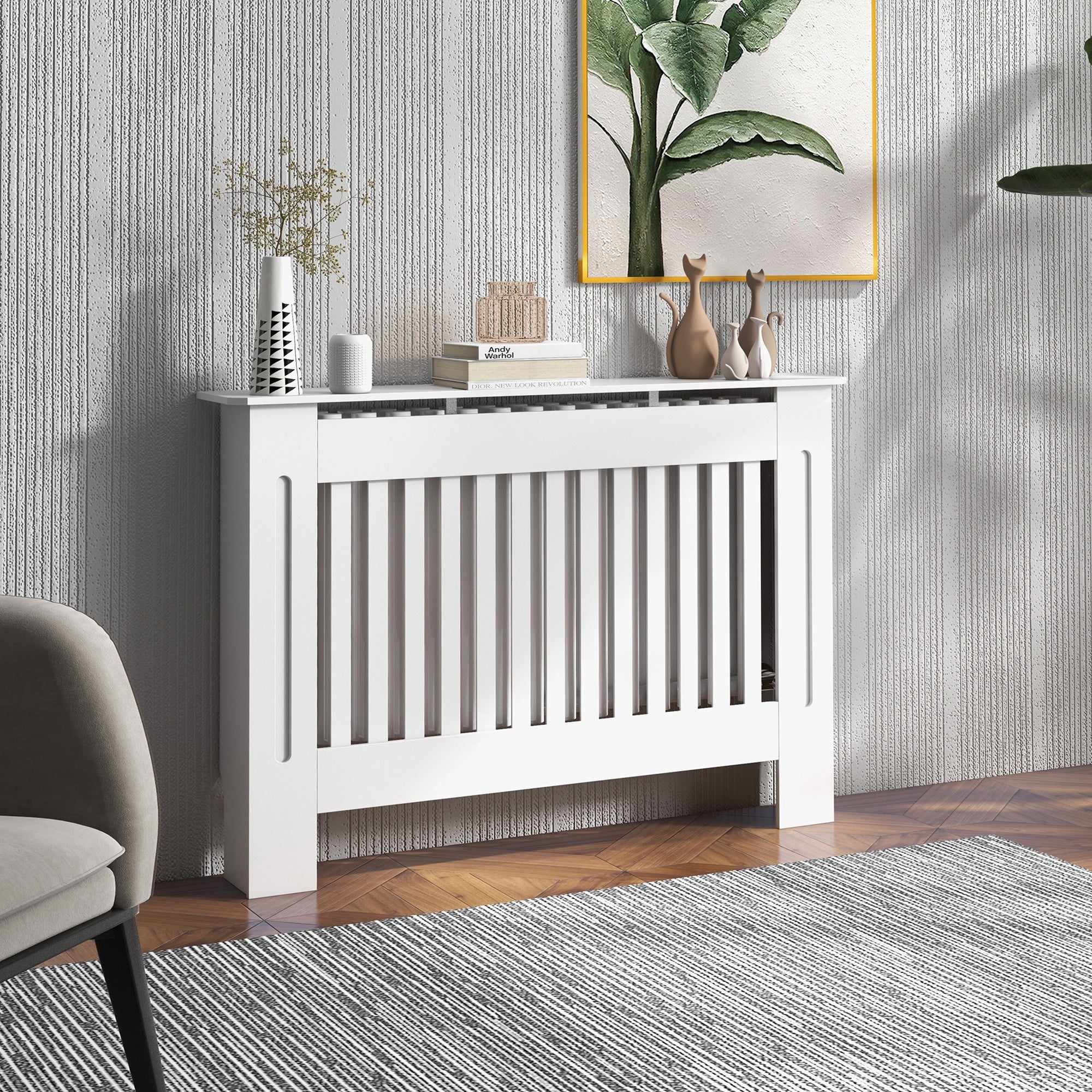 HOMCOM Slatted Radiator Cover Painted Cabinet MDF Lined Grill in White (112L x 19W x 81H cm) 