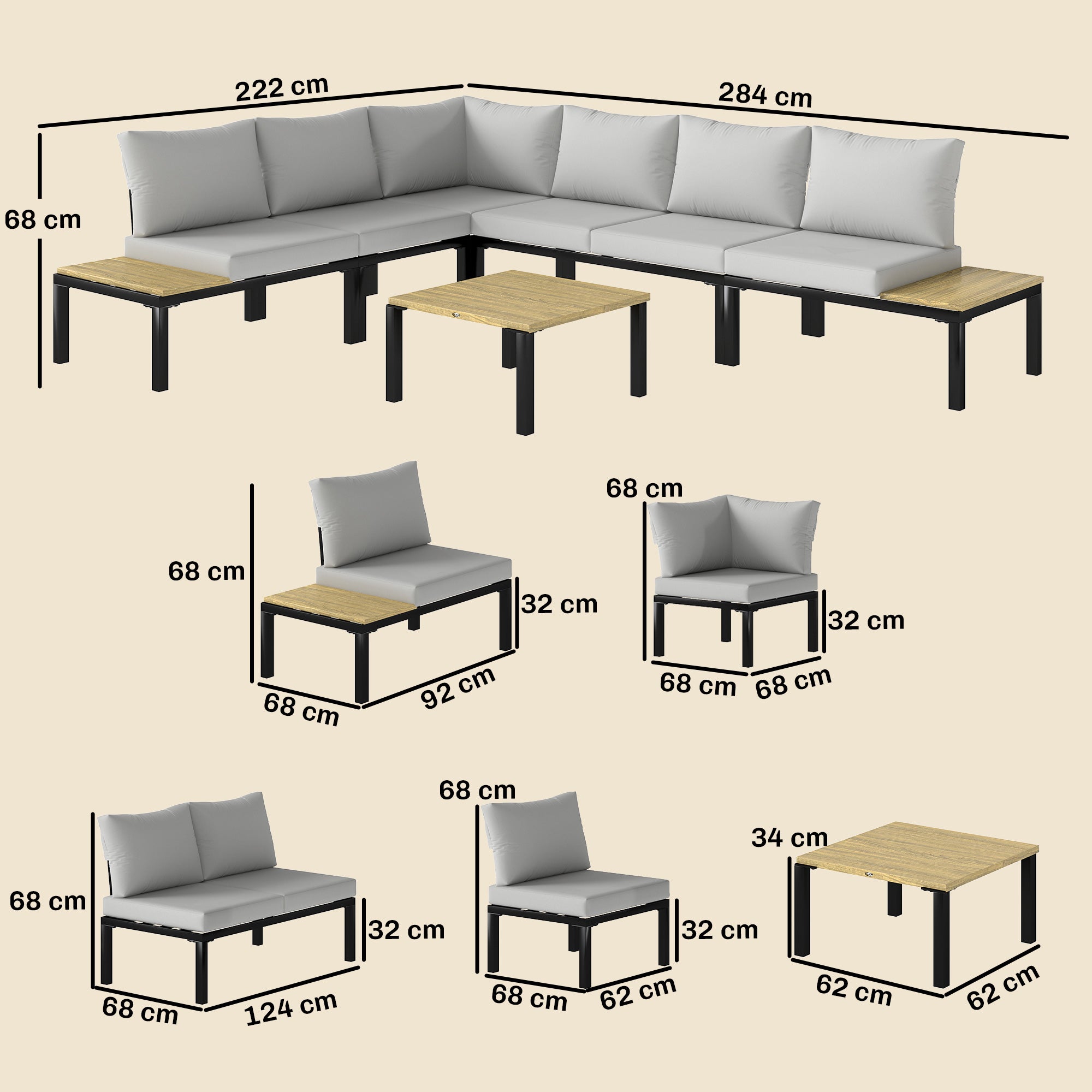Outsunny Garden Furniture Set, 6 Piece Corner Sofa Set with Loveseat, Coffee Table, Sofa with Integrated Side Table 