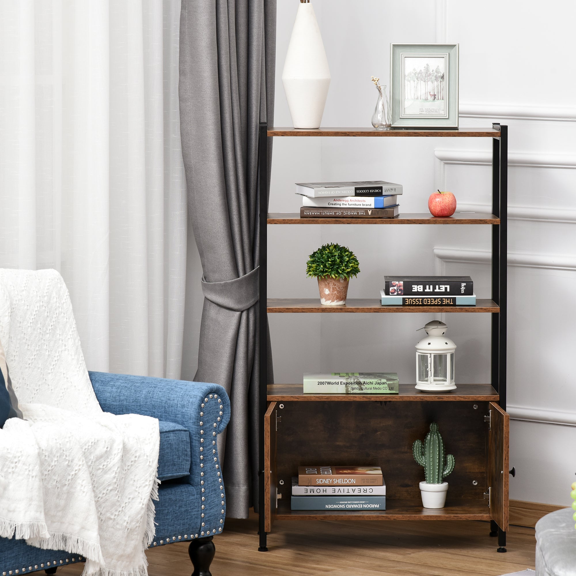 HOMCOM Industrial Bookshelf, Storage Cabinet with 3-Tier with Doors, for Home Office, Living Room Rustic Brown 
