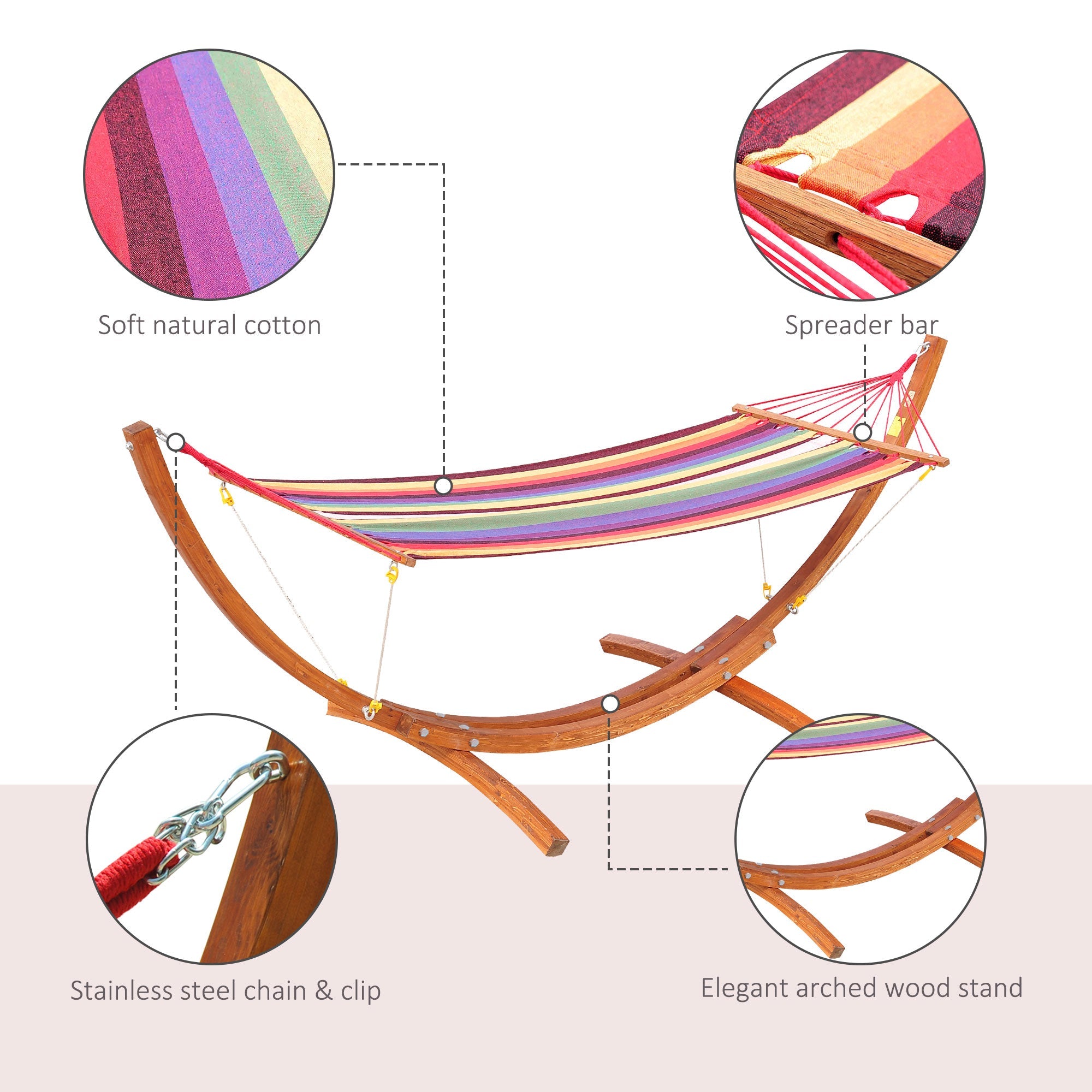 Outsunny Outdoor Hammock with Stand, Free Standing Hammock with Arc Wooden Frame and 200 x 100cm Fabric, Garden Swing Hanging Bed with Safe Ropes, Multicolour 