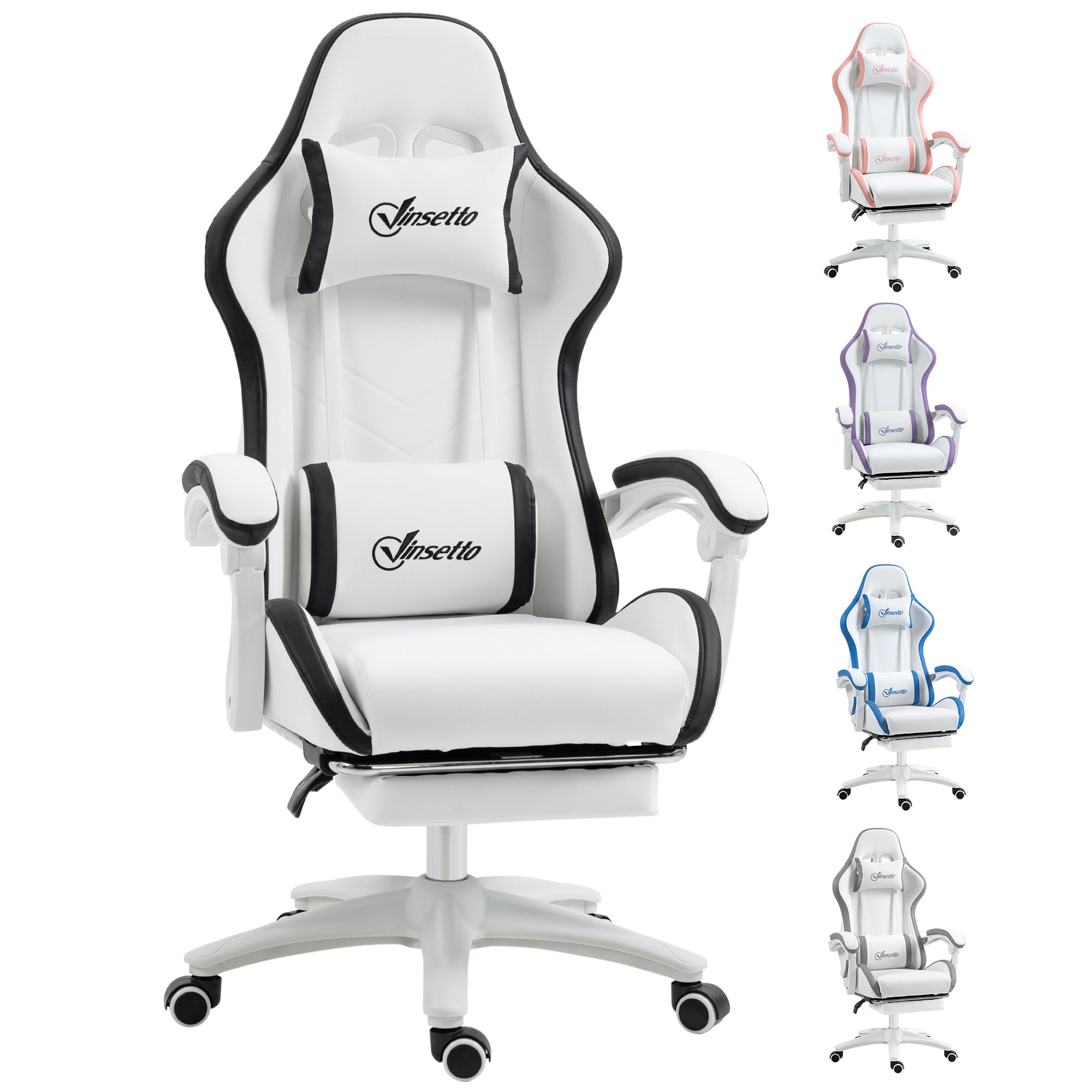 Vinsetto Computer Gaming Chair, PU Leather Desk Chair with Footrest, Swivel Task Chair with 135\'c2\'b0 Reclining Back and Lumbar Support, PC Chair for Adults, White and Black