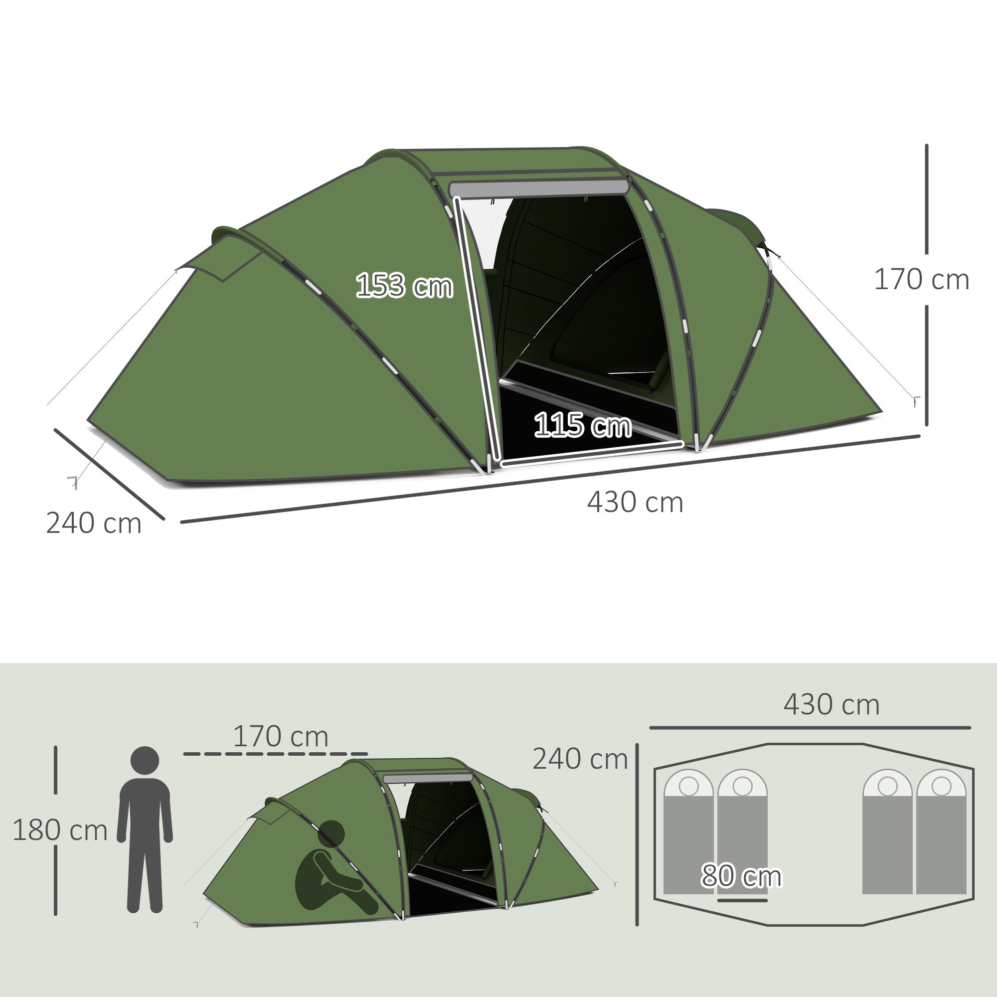 Outsunny 4-6 Man Camping Tent w/ Two Bedroom, Hiking Sun Shelter, UV Protection Tunnel Tent, Dark Green 