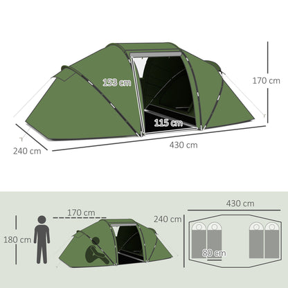 Outsunny 4-6 Man Camping Tent w/ Two Bedroom, Hiking Sun Shelter, UV Protection Tunnel Tent, Dark Green 