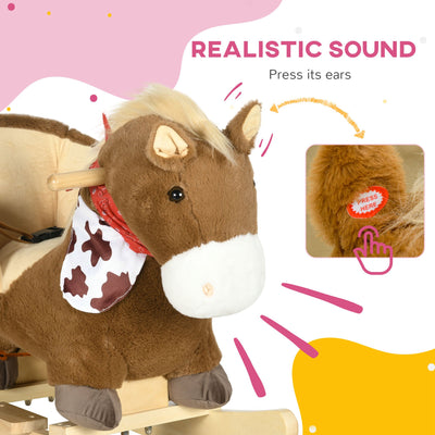 HOMCOM Kids Rocking Horse, with Safety Harness, Sounds, Foot Pedals - Brown 
