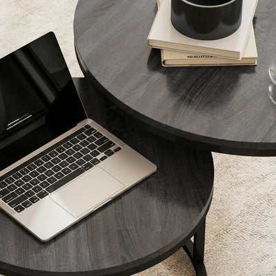 HOMCOM Set of Two Wood-Effect Stacking Tables - Black Wood Grain 