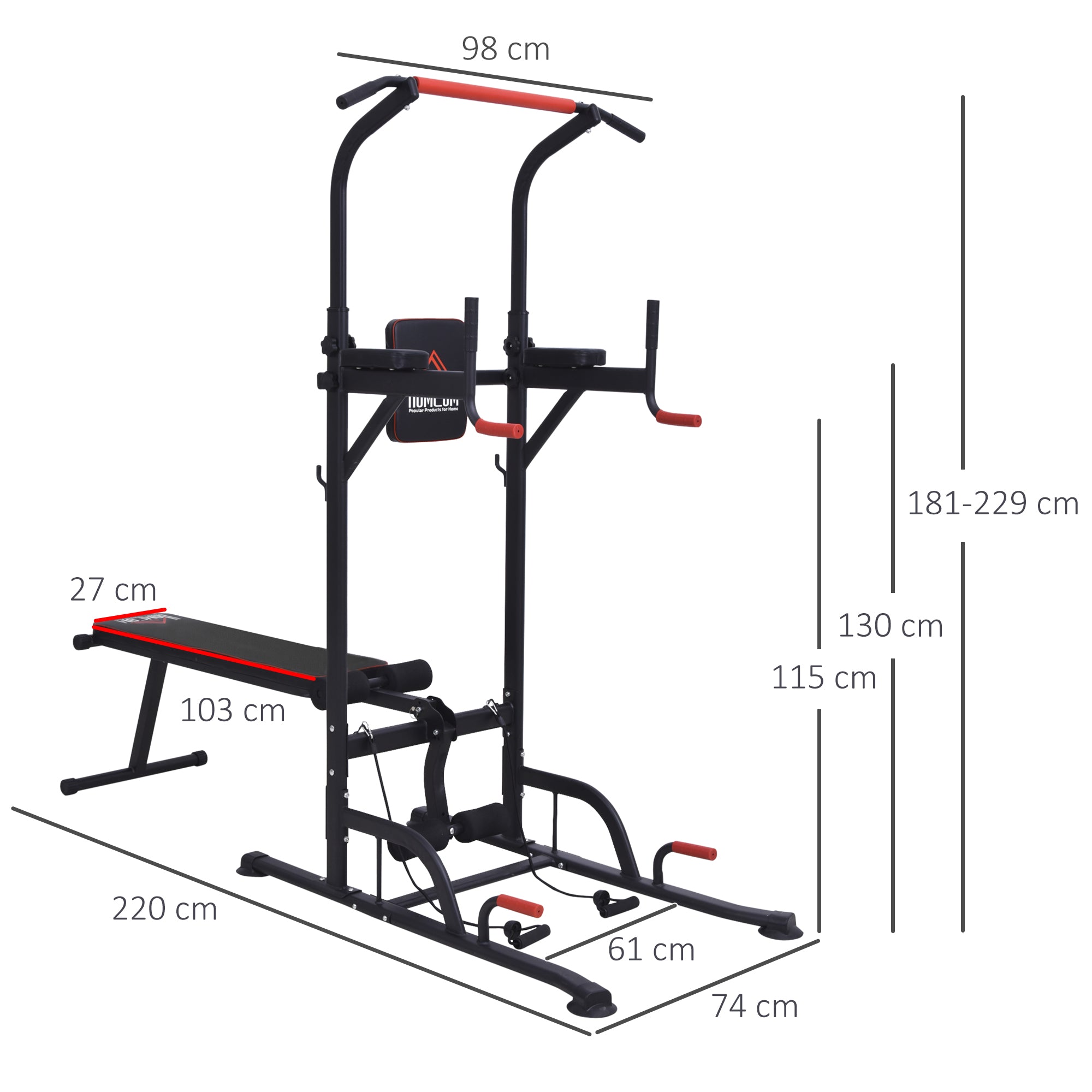 HOMCOM Multifunction Power Tower Home Workout Dip Station w/ Sit-up Bench Push-up Bars and Tension Ropes Fitness Equipment Office Gym Training 