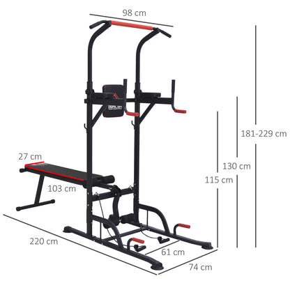 HOMCOM Multifunction Power Tower Home Workout Dip Station w/ Sit-up Bench Push-up Bars and Tension Ropes Fitness Equipment Office Gym Training 
