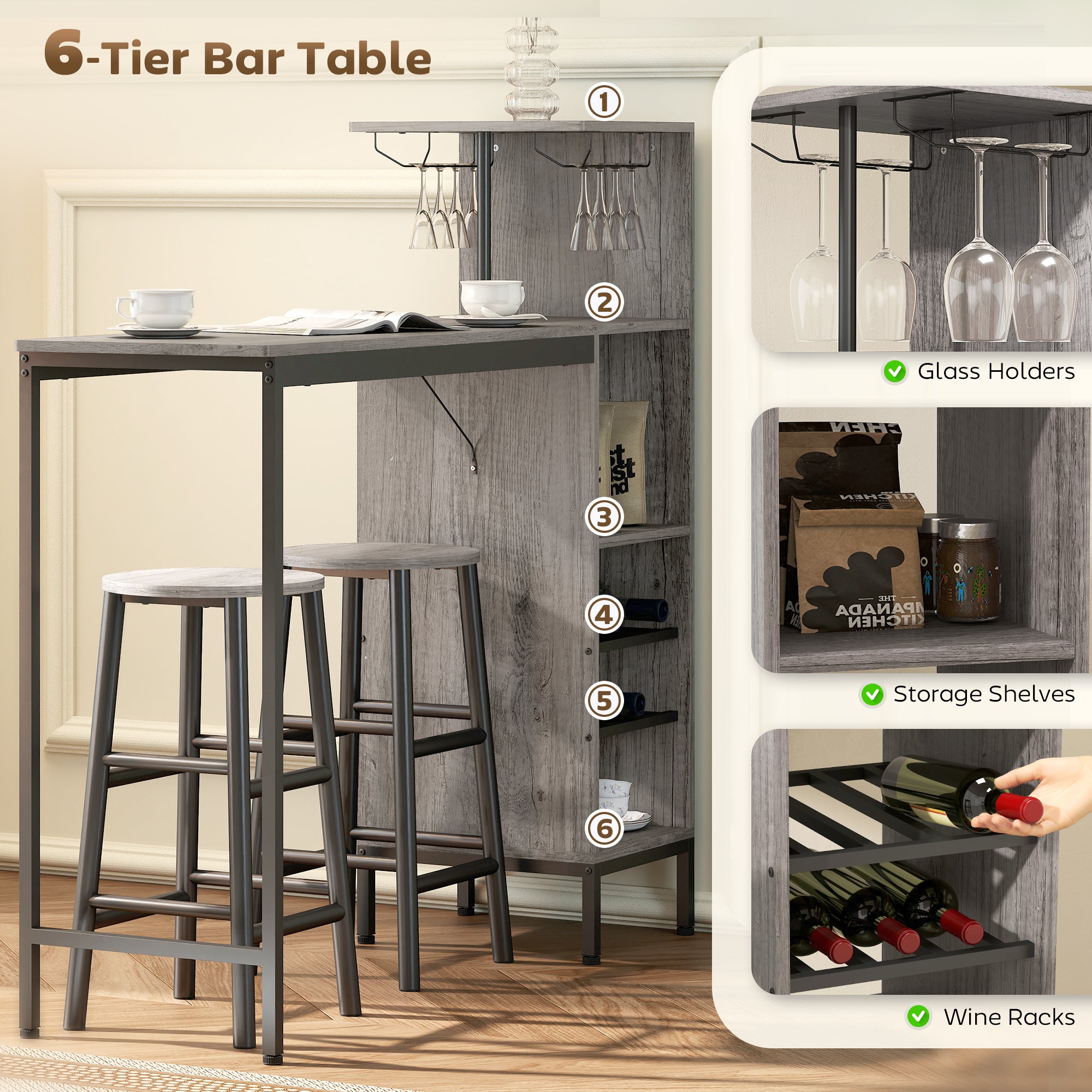 HOMCOM 3 Pieces Dining Room Set, 2 Round Stools with Footrest, 6-Tier Dining Table with Storage Shelves, Natural 