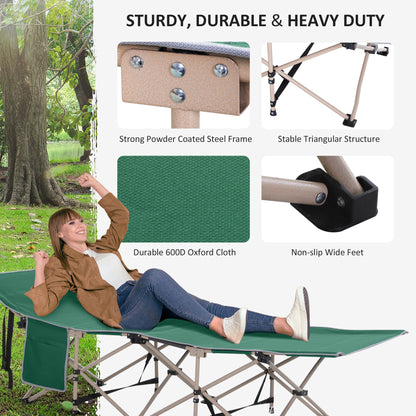 Outsunny Single Person Camping Bed Folding Cot Outdoor Patio Portable Military Sleeping Bed Travel Guest Leisure Fishing with Side Pocket and Carry Bag - Green 