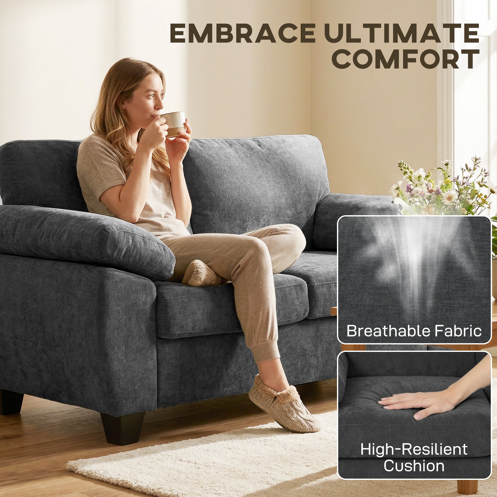 HOMCOM 2 Seater Sofa, 156cm Chenille Loveseat Sofa, Dark Grey 