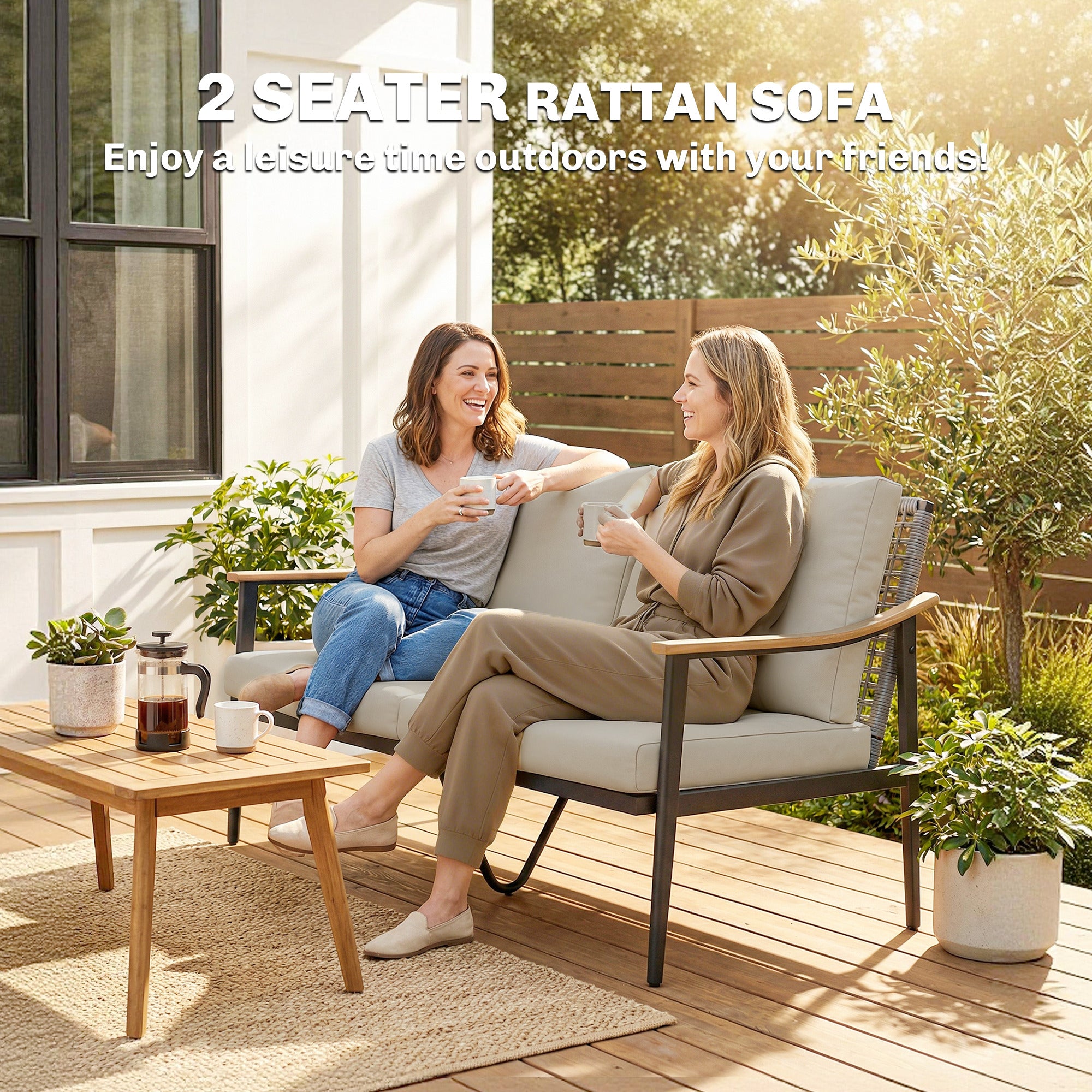 Outsunny 2 Seater Rattan Sofa, Outdoor Garden Sofa with Wood-Effect Armrests, Cushions for Patio, Balcony, Khaki 