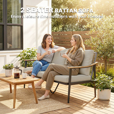 Outsunny 2 Seater Rattan Sofa, Outdoor Garden Sofa with Wood-Effect Armrests, Cushions for Patio, Balcony, Khaki 
