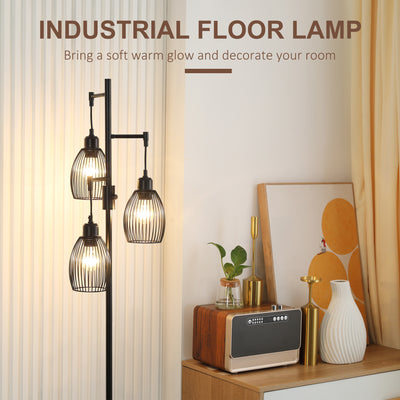 HOMCOM 170cm Industrial 3-Light Floor Lamp, Dimmable Standing Lamp with Steel Lampshades for Living Room, Bedroom, Dinging Room, Study, Black 