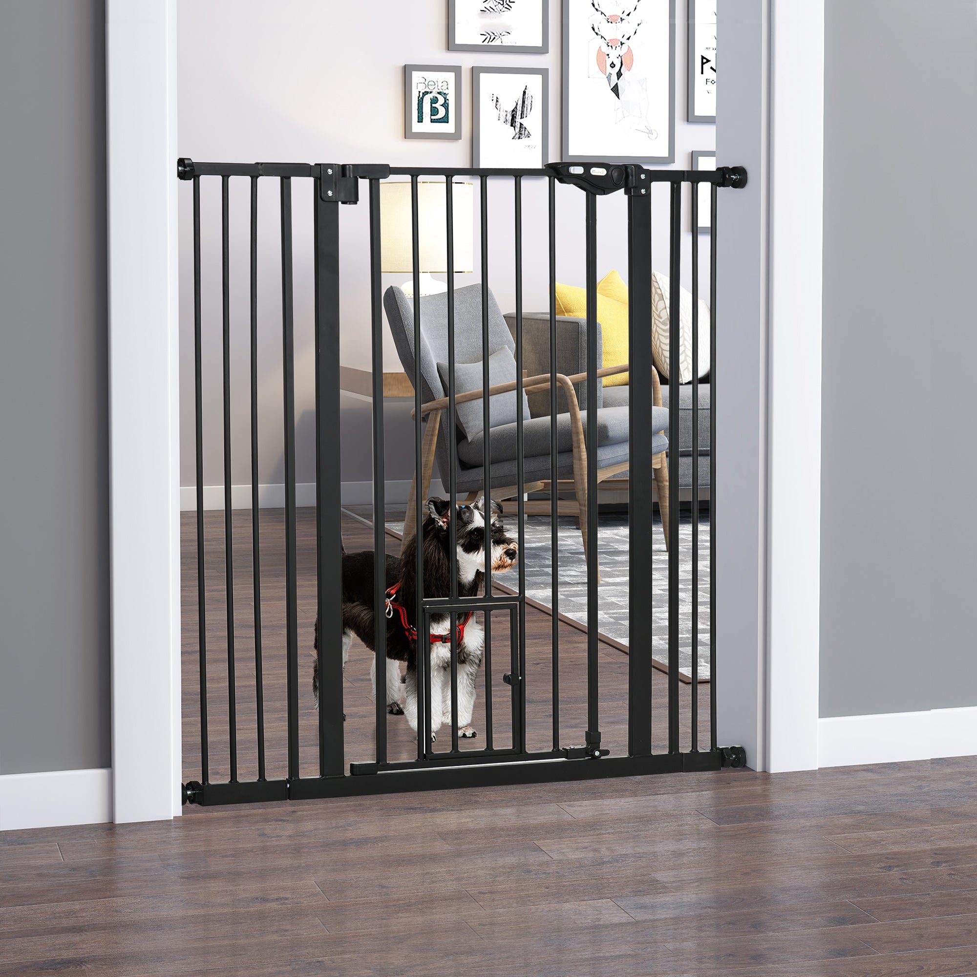 PawHut Extra Tall Pet Gate, Indoor Dog Safety Gate, with Cat Flap, Auto Close, 74-101cm Wide - Black 