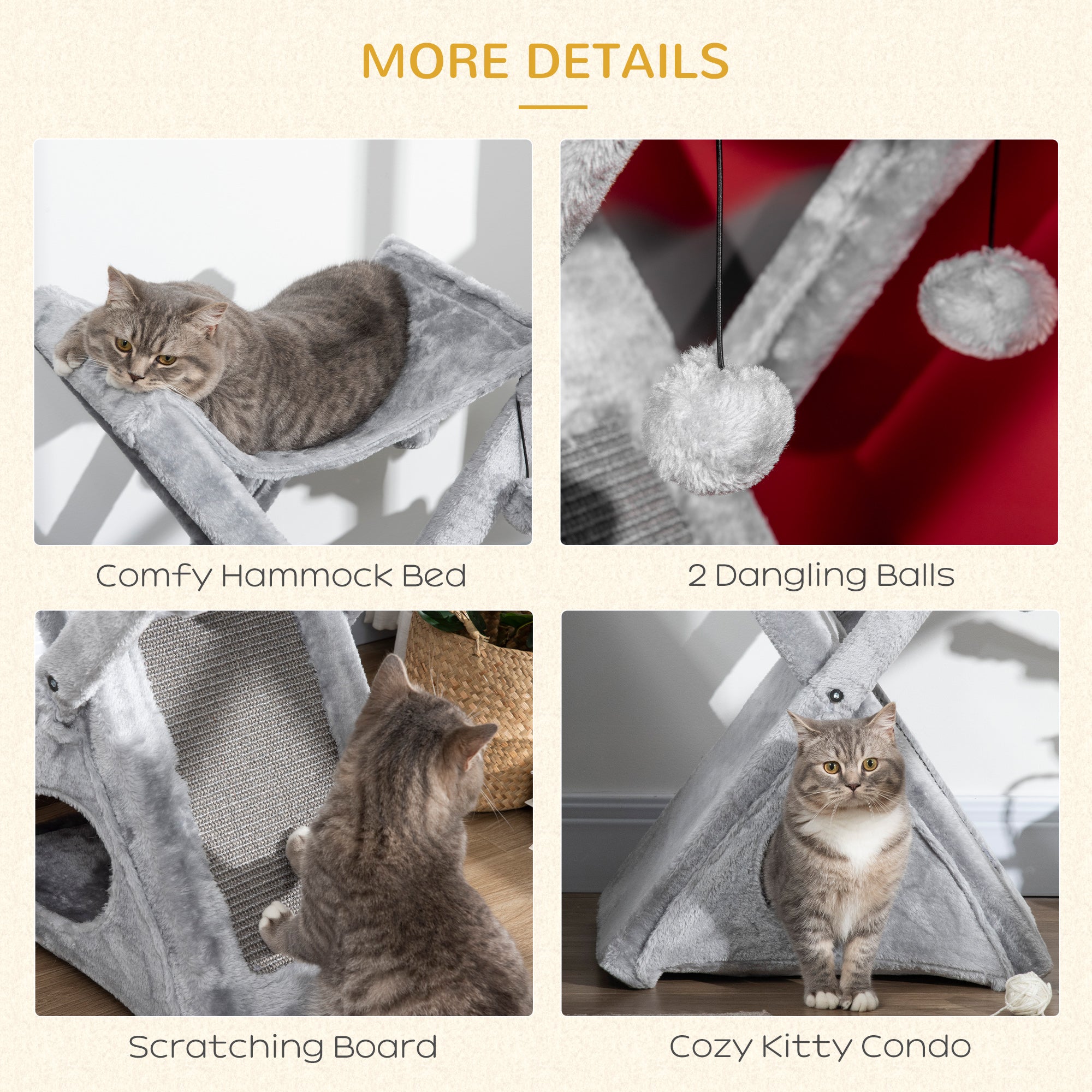 PawHut Two Tier Cat Tree for Indoor Cats Play Rest Activity Tower Plush Folding Relax Center w/ Scratching Post Hammock Pom Poms Grey 