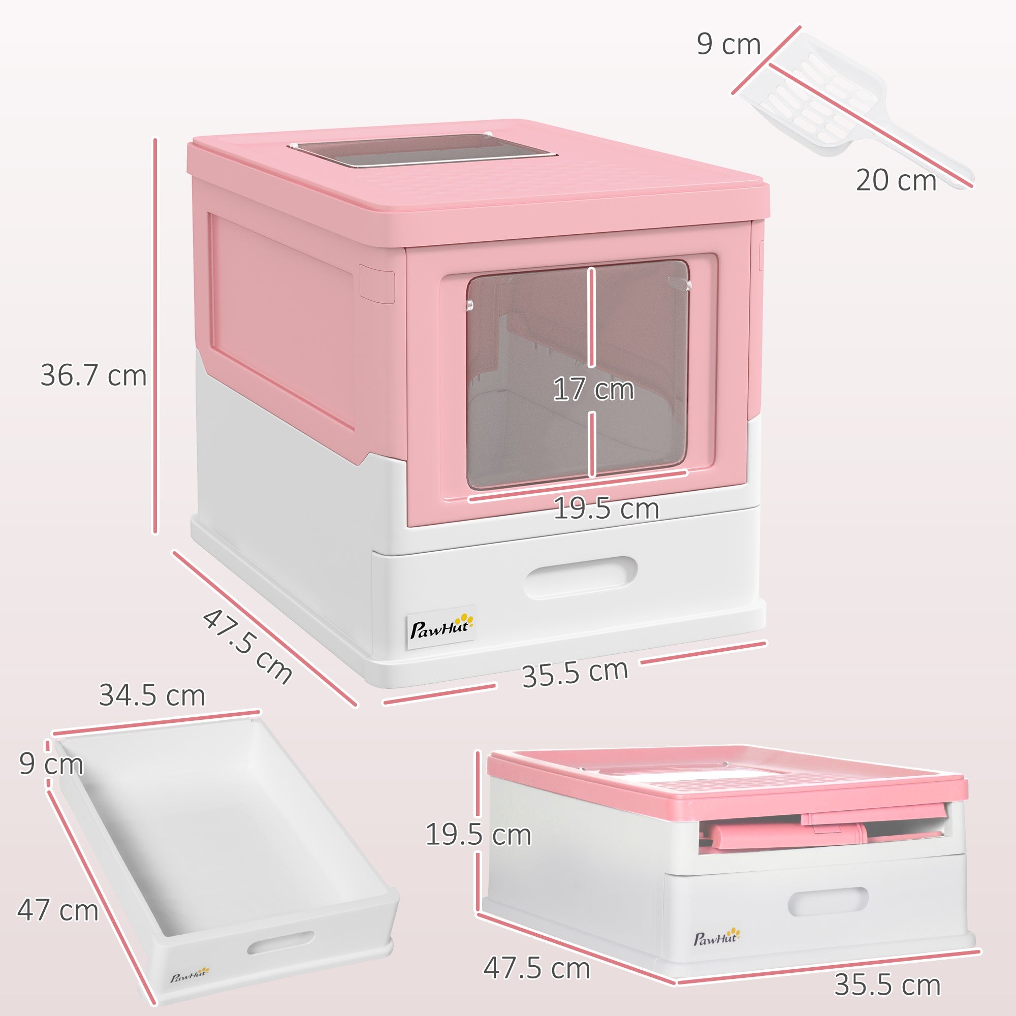 PawHut Hooded Cat Litter Box, Portable Pet Toilet, with Scoop, Front Entry - Pink 