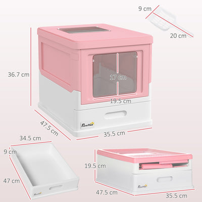 PawHut Hooded Cat Litter Box, Portable Pet Toilet, with Scoop, Front Entry - Pink 