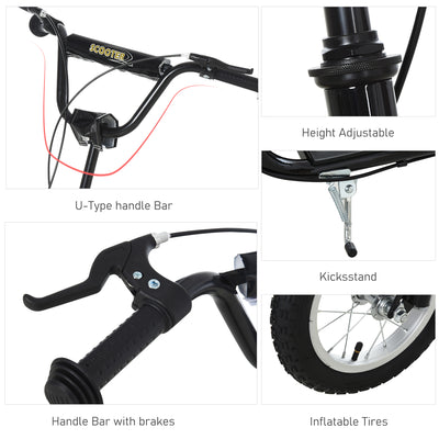 HOMCOM Teen Kids Stunt Scooter w/ Adjustable Handlebar, 12 Inch Rubber Tyres, Dual Brakes, Black 