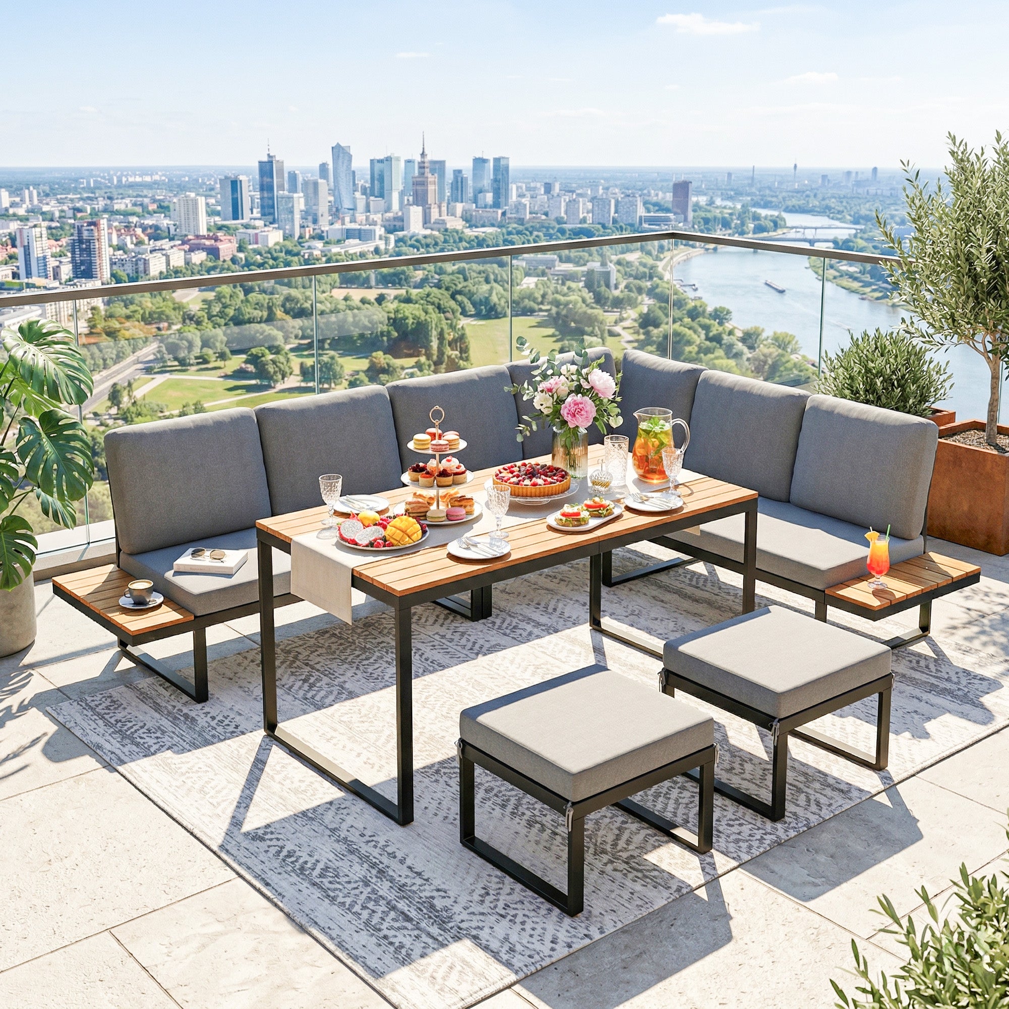 Outsunny Patio Furniture Set Modular Garden Sofa Set 6 Pieces with Dining Table for Outdoor Patio Grey 