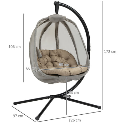 Outsunny Hanging Egg Chair, Folding Texteline Swing Hammock with Side Pocket, Cushion and Stand for Indoor Outdoor, Patio Garden Furniture, Khaki 