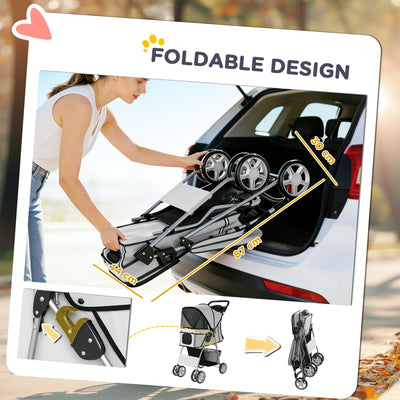 PawHut Dog Pram, Pet Stroller with Reflective Strips, Foldable Cat Stroller with 360° Swivel Wheels, Grey 