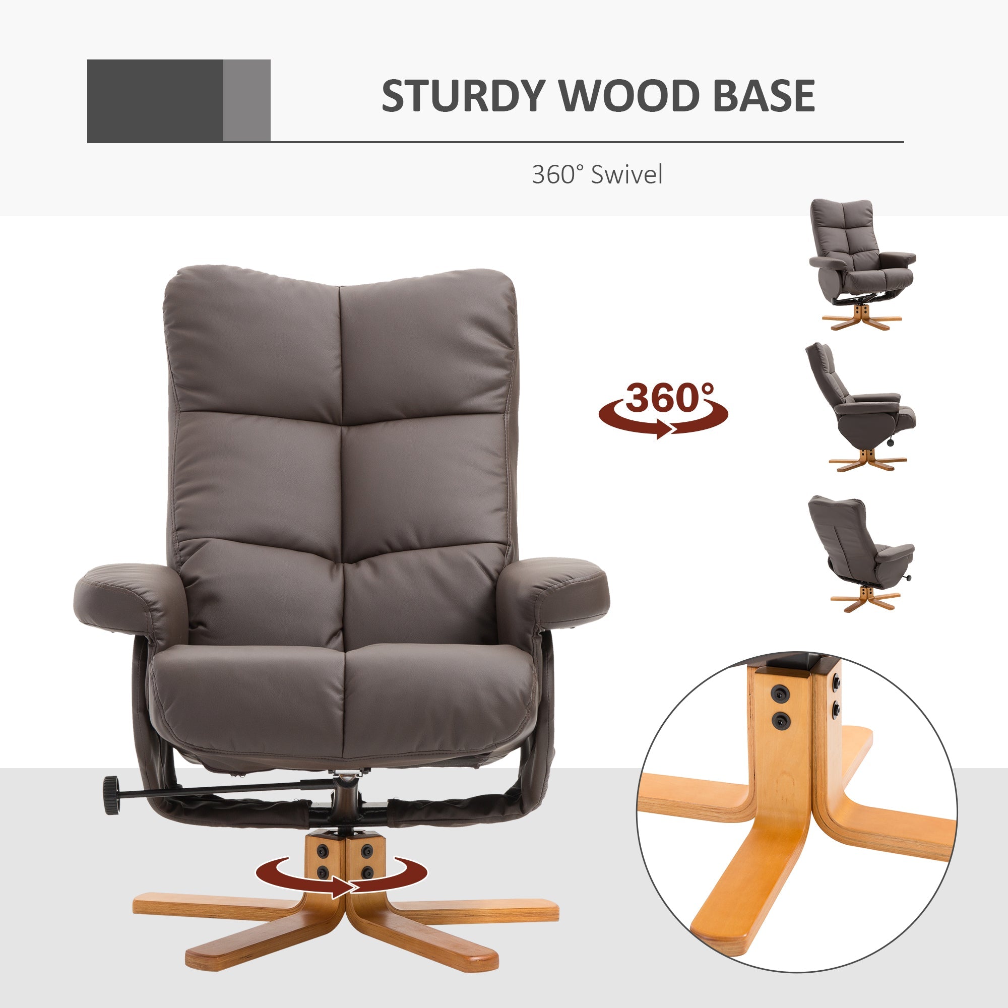 HOMCOM Recliner Armchair, Swivel Reclining Chair With Ottoman, Swivel Faux Leather Chair with Wooden Base and Storage Footstool for Living Room, Brown 