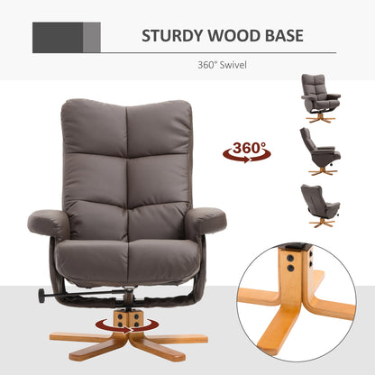 HOMCOM Recliner Armchair, Swivel Reclining Chair With Ottoman, Swivel Faux Leather Chair with Wooden Base and Storage Footstool for Living Room, Brown 