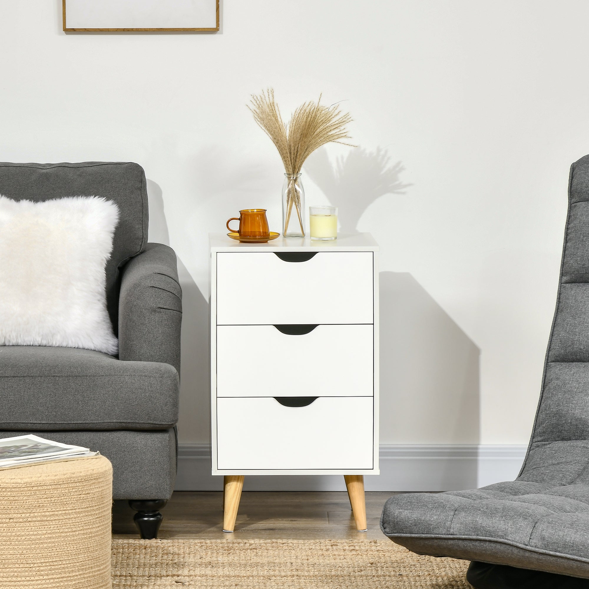 HOMCOM Set of 2 Bedside Tables, Modern Nightstand Side End Table with 3 Storage Drawers and Solid Pine Wood Legs for Bedroom Living Room Entryway, White 