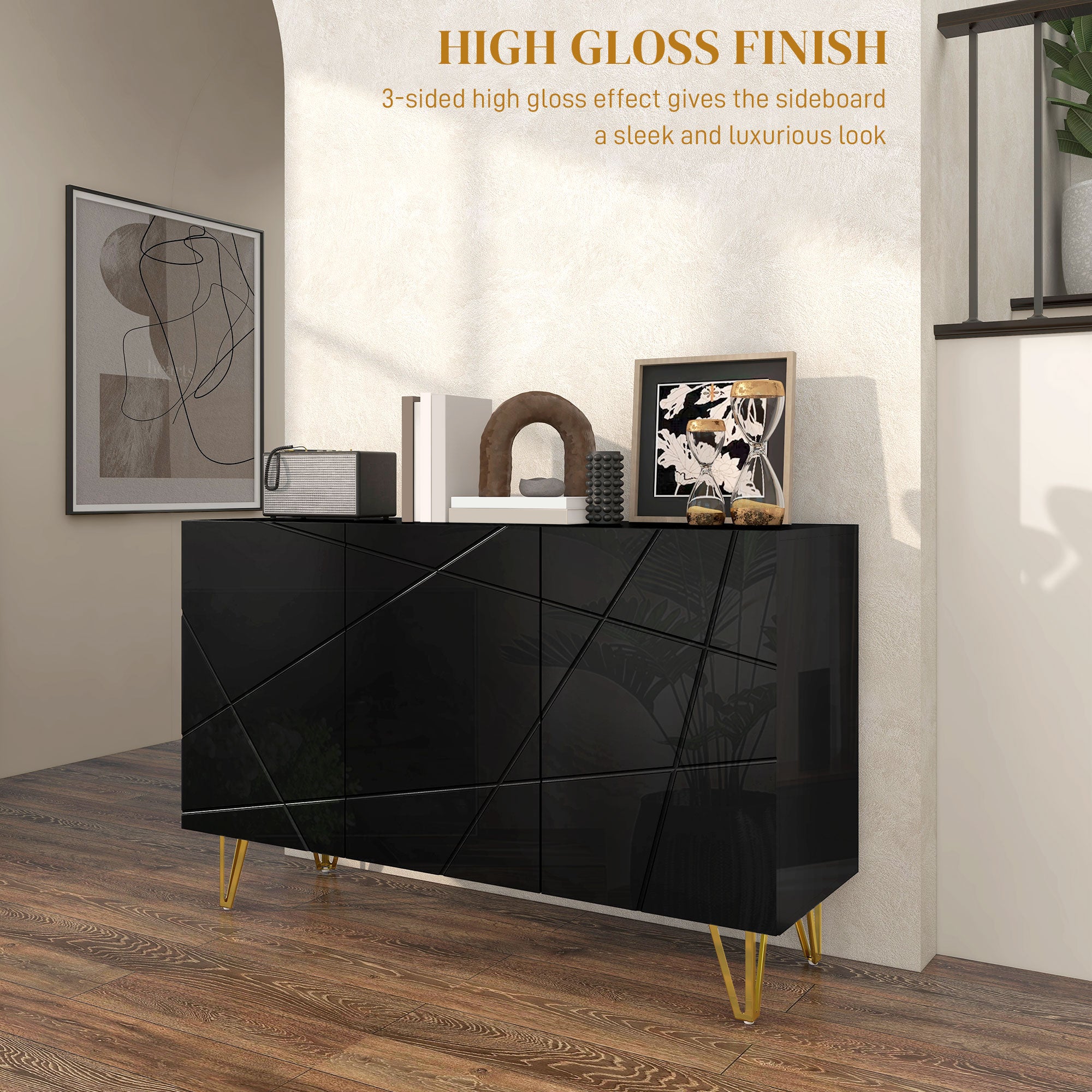 HOMCOM Modern Luxe High Gloss Sideboard with Golden Hairpin Legs, Black 