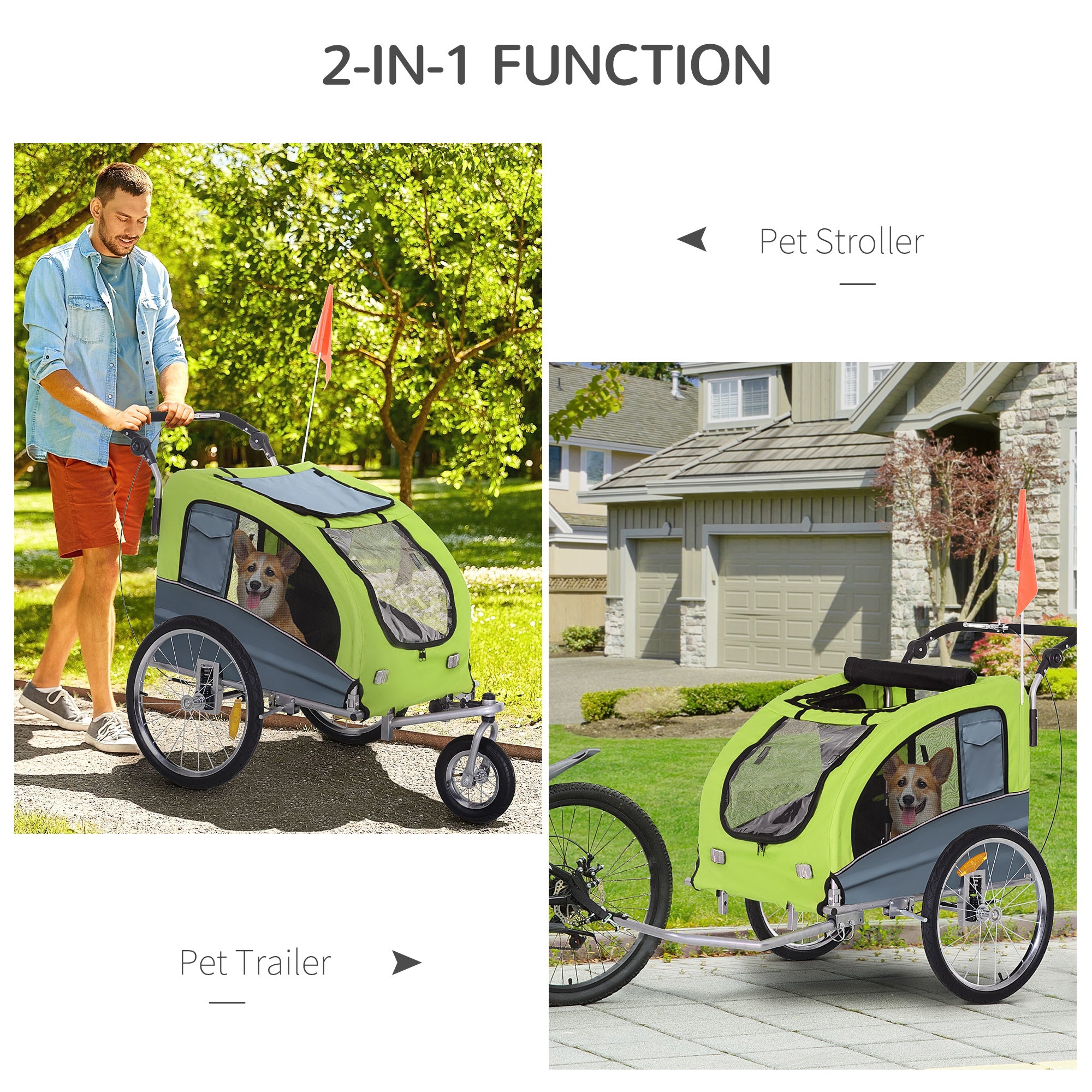 PawHut Dog Bike Trailer Pet Stroller Cart Carrier for Bicycle 360° Rotatable with Reflectors 3 Wheels Hitch Coupler Push/ Pull/ Brake Water Resistant Green 