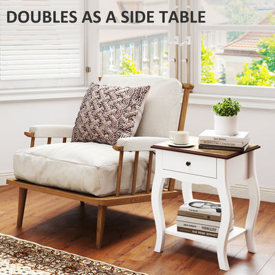 HOMCOM 2pcs Bedside Tables with Drawer, French Style Bedside Cabinets with Open Shelf for Bedroom, Living Room, White 