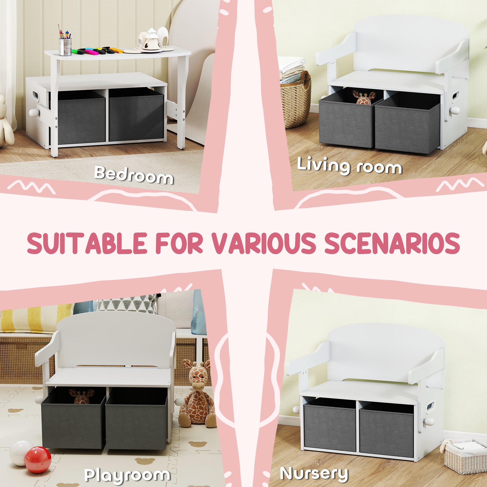 AIYAPLAY 3 in 1 Kids Storage Bench, Convertible Children Table and Chair Set with 2 Fabric Bins, Toy Storage Box, White 