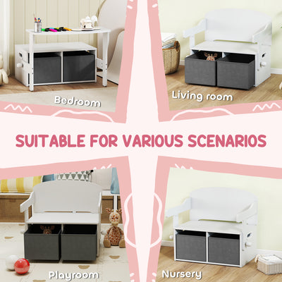 AIYAPLAY 3 in 1 Kids Storage Bench, Convertible Children Table and Chair Set with 2 Fabric Bins, Toy Storage Box, White 