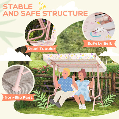 AIYAPLAY Kids Garden Swing Chair with Adjustable Canopy, Safety Belt, 2 Seater Hammock Swing Bench for Patio, Porch, Pink 