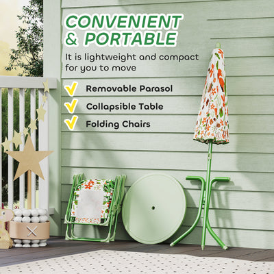AIYAPLAY 4 Pieces Kids Garden Table and Chair Set with Adjustable Parasol, Folding Chairs, Table, Fox Pattern, Green 