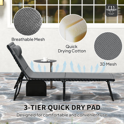 Outsunny Folding Sun Loungers Set of 2, Recliner Garden Chairs with Quick Drying Pad Headrest Side Pocket, Garden Sun Loungers for Beach Pool, Charcoal Grey 