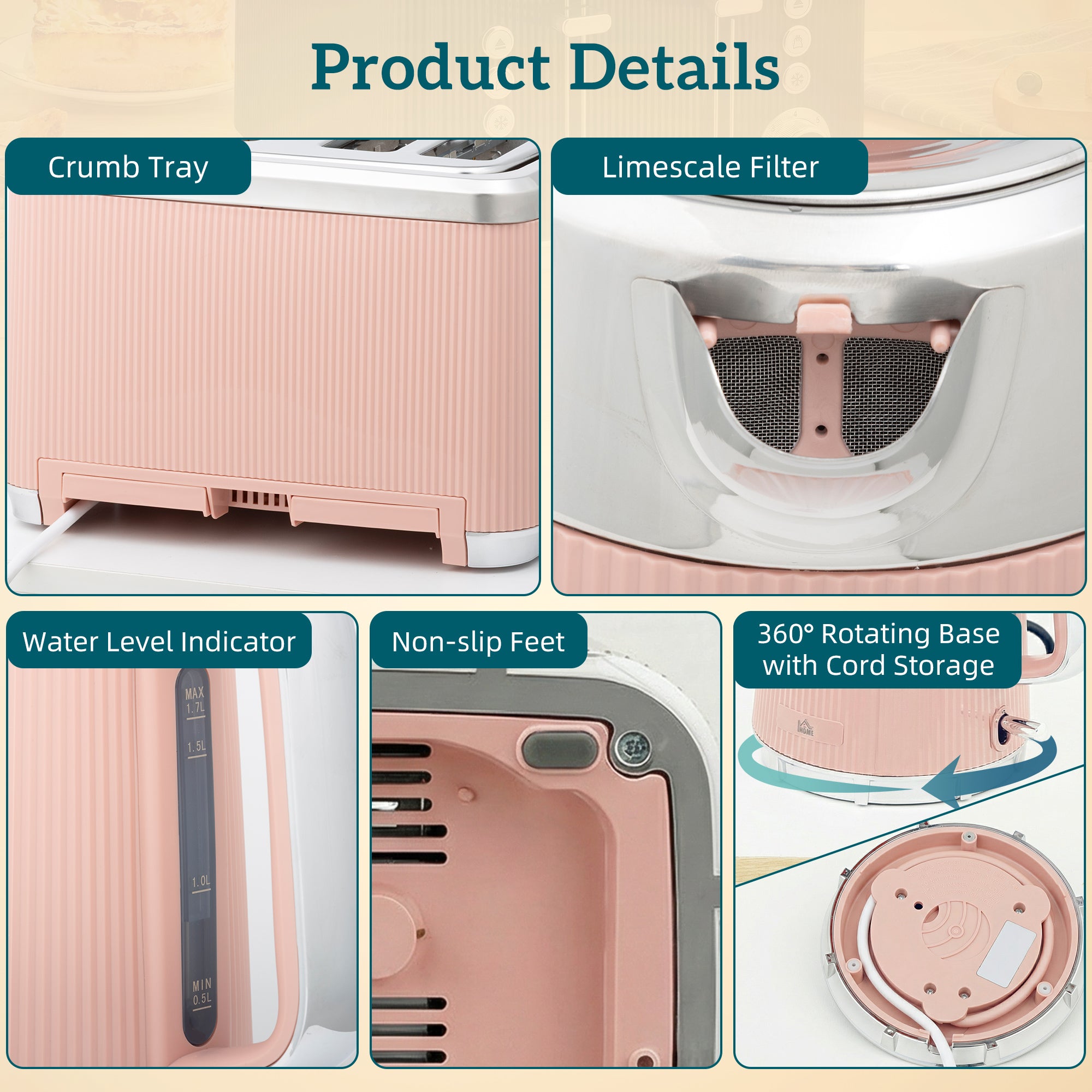 HOMCOM Electric Stainless Steel Kettle and Toaster Set, 3000W 1.7L UK Strix Thermostat Fast Boil Kettle Pink 